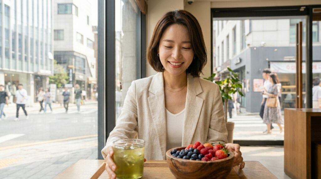 강력한 항산화 작용으로 세포 노화를 막아주는 폴리페놀 성분이 가득한 신선한 베리류 과일과 따뜻한 녹차 한 잔