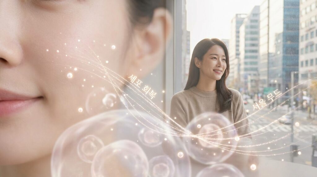 밤사이 피부 세포가 재생되고 회복되는 과정을 나타내는 그래픽