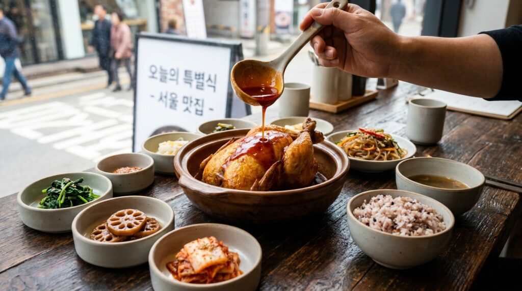 퓨전 치킨 요리에 달콤한 소스를 뿌려 마무리하는 모습