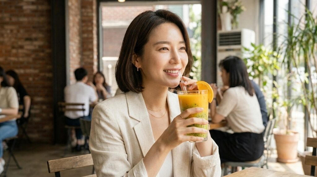콜라겐 생성을 돕고 피부 미백에 탁월한 비타민 C를 충전해 주는 상큼한 오렌지와 키위 항산화 스무디