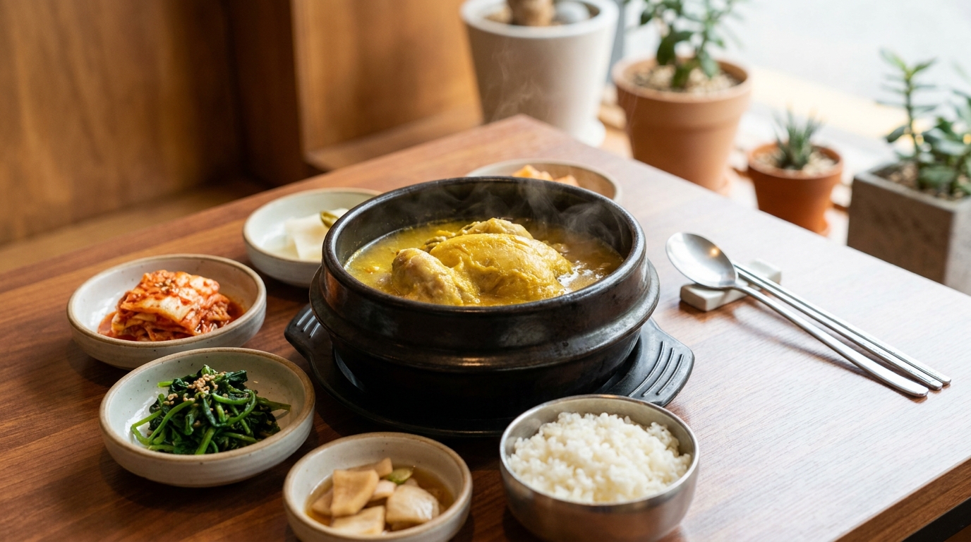 도자기 뚝배기에 담겨 김이 모락모락 나는 먹음직스러운 전통 보양식 옻닭