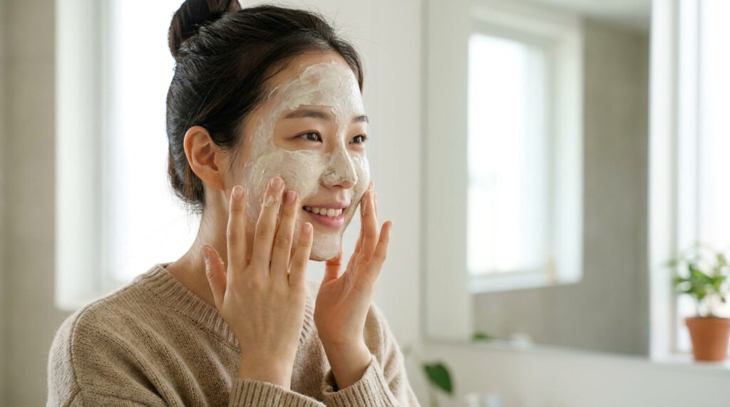 맑고 투명한 피부 관리를 위해 얼굴에 붓으로 천연 팩을 꼼꼼하게 바르고 있는 여성의 모습