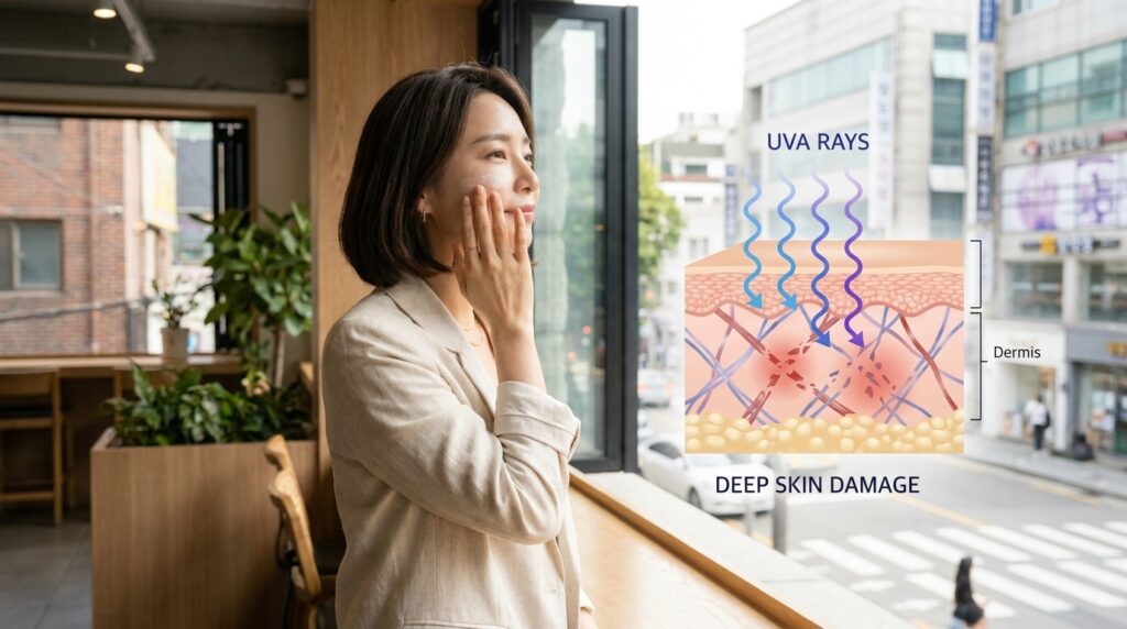 창가로 들어오는 자외선A(UVA)로 인한 피부 진피층 손상과 노화를 방지하기 위해 실내 선크림 차단의 중요성을 보여주는 여성의 모습