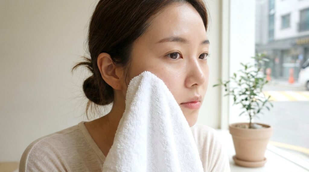 자극 없는 세안 후 피부 장벽 보호를 위해 부드러운 수건으로 얼굴의 물기를 톡톡 두드리며 닦아내는 모습