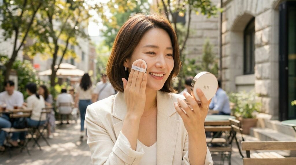 야외 활동 중 자외선A 차단 효과를 유지하기 위해 선쿠션을 사용하여 뺨에 선크림을 가볍게 두드리며 덧바르는 여성