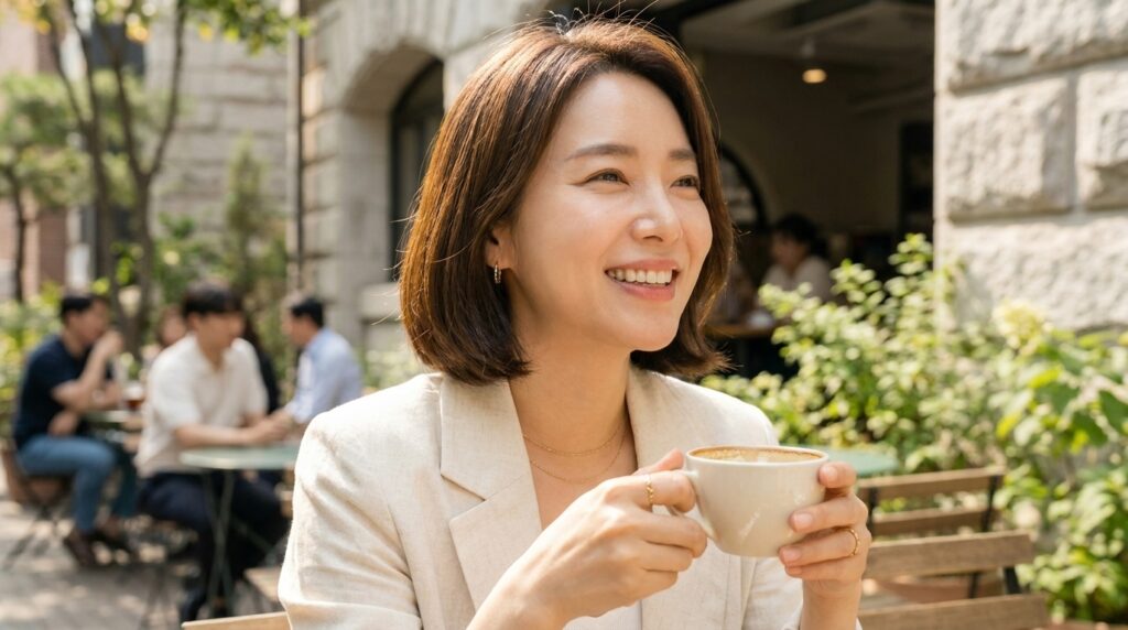 철저한 자외선 차단과 일상 속 건강 관리로 가꾼 맑고 건강한 피부로 화창한 날씨의 햇살을 안심하고 즐기는 여성