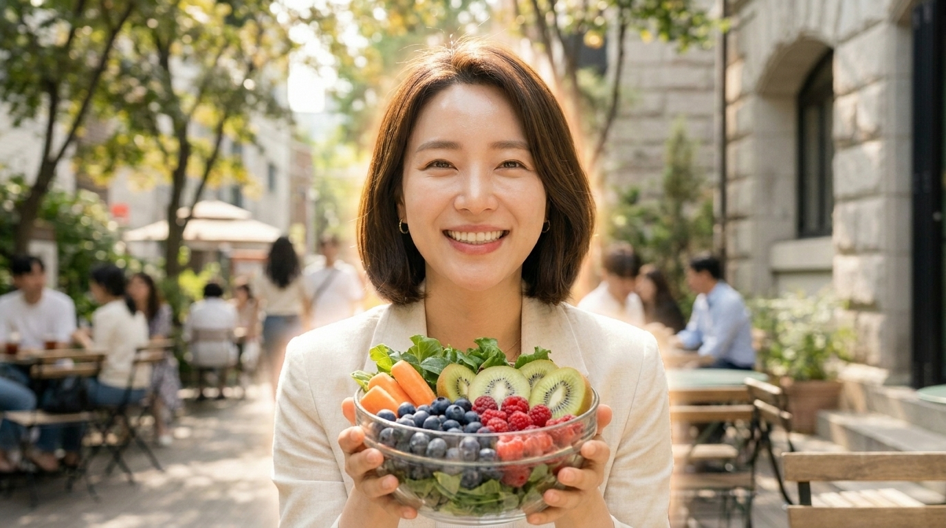 이너뷰티와 항산화 관리를 통해 가꾼 맑고 투명한 피부를 가진 여성이 신선한 과일과 채소가 담긴 그릇을 들고 있는 모습
