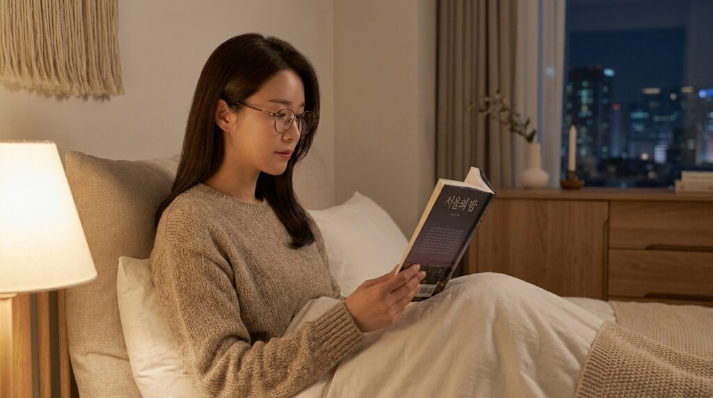 잠들기 전 전자기기 대신 책을 읽으며 휴식하는 여성