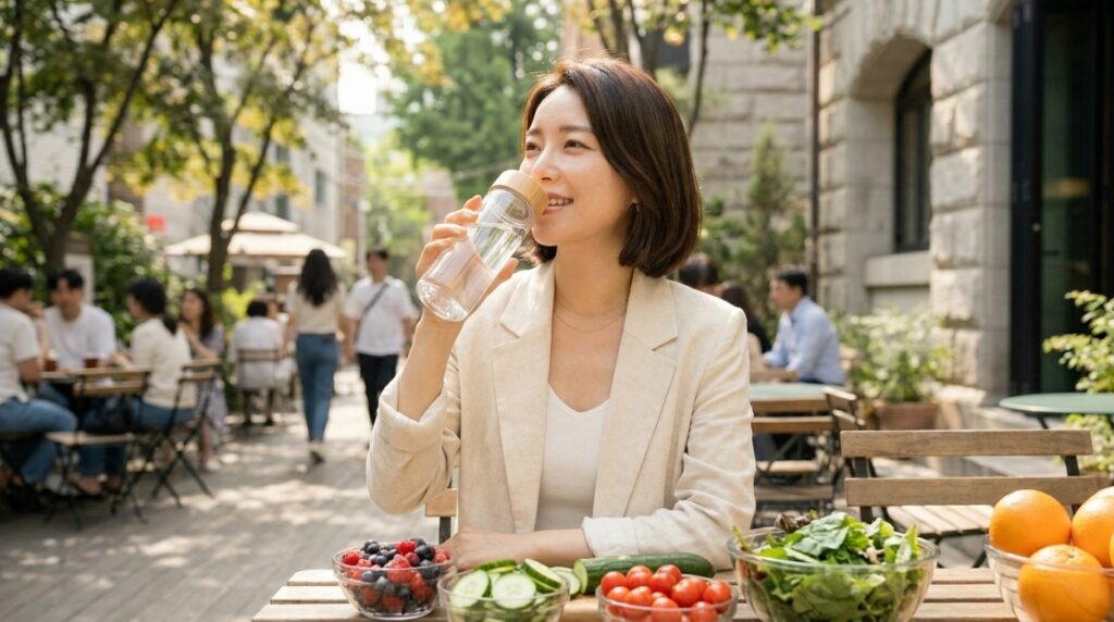 여름철 외부 자극으로부터 피부 기력을 회복하고 수분을 보충하기 위해 물병에 담긴 물을 마시고 있는 여성의 모습