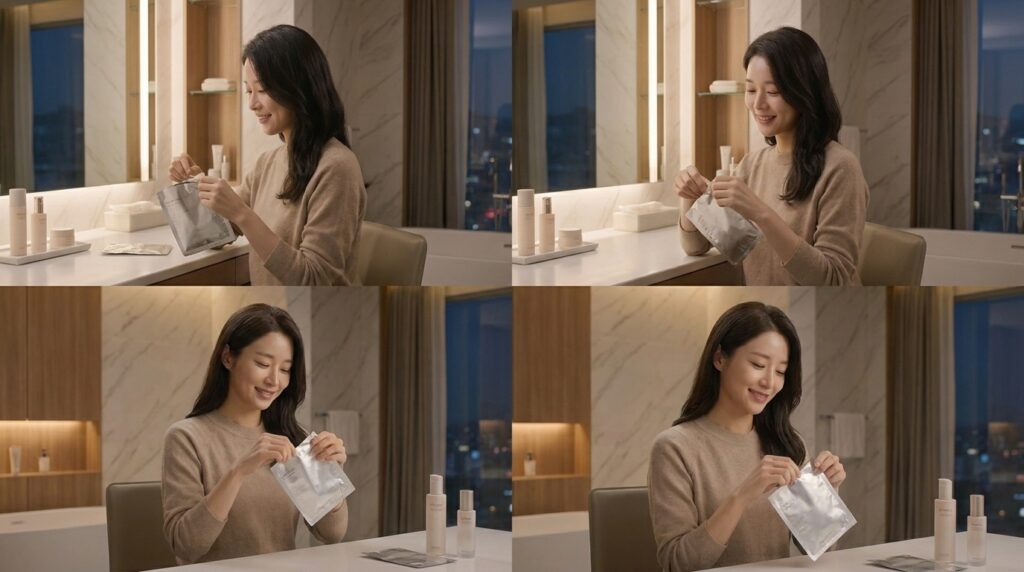 자기 전 피부 진정을 위해 시트 마스크팩을 사용하는 모습