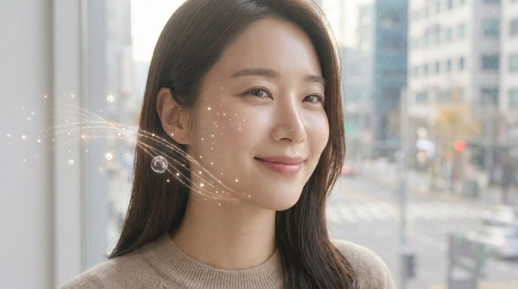 충분한 수분을 머금어 건강하고 촉촉하게 빛나는 피부를 가진 여성