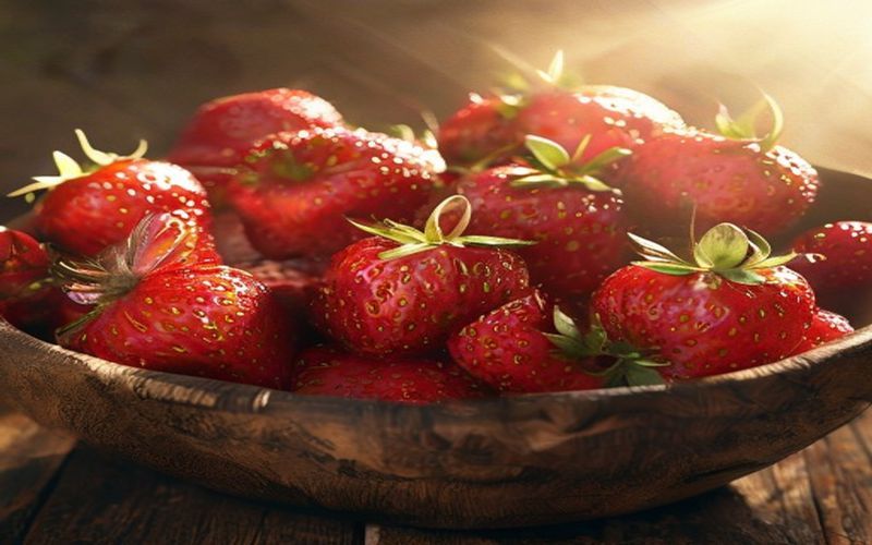 A vibrant close-up of fresh, ripe red strawberries in a rustic wooden bowl, with gentle sunlight, photorealistic