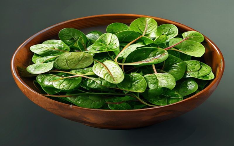 A vibrant bowl of fresh, young spring spinach leaves, glistening with a light dressing, photorealistic