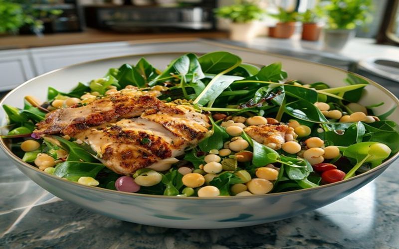 A colorful, fresh salad bowl featuring roasted chicken breast, chickpeas, and a mix of spring greens like spinach and asparagus, in a bright modern kitchen, highly detailed