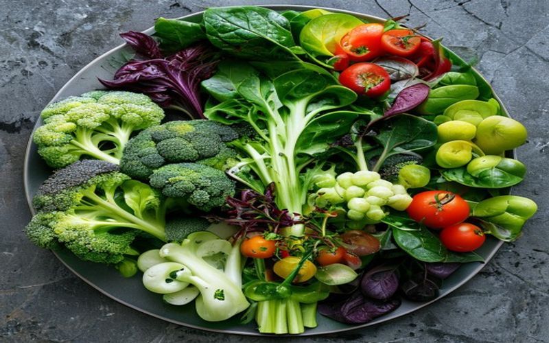 A beautifully arranged platter of fresh, vibrant spring vegetables including broccoli florets, spinach leaves, and various wild greens.