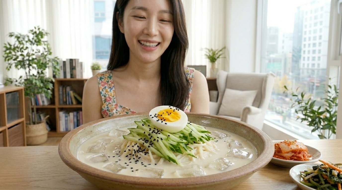 여름철 기력 회복을 위한 시원하고 고소한 국물의 전통 여름 보양식 콩국수 요리