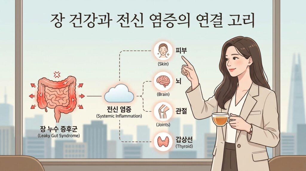 약해진 장벽을 통해 독소가 침투하여 만성 염증과 피부 문제를 유발하는 과정을 보여주는 다이어그램
