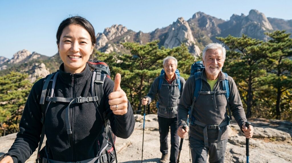 액티브 시니어의 근감소증 예방과 활력 넘치는 노후를 위해 산을 오르며 건강 관리를 하는 노부부의 모습