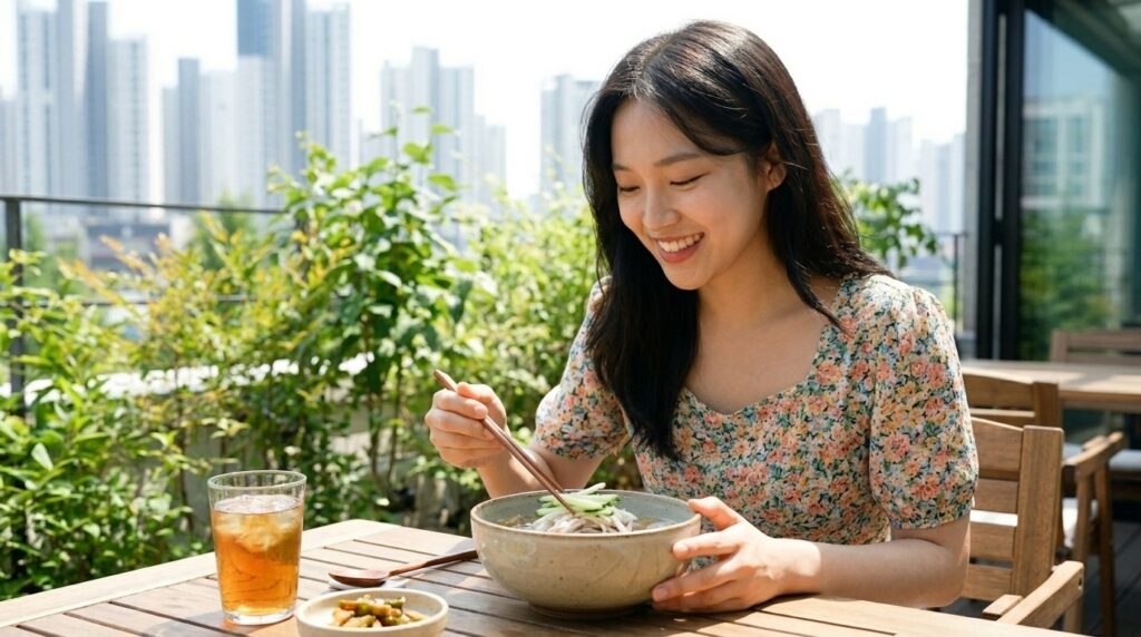 야외 테라스에서 시원한 초계국수를 맛있게 먹으며 미소 짓고 있는 여성