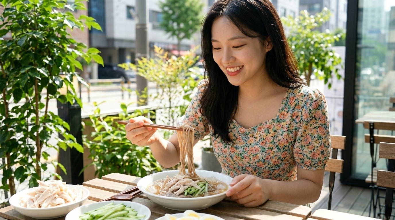 야외 테라스에서 시원한 초계국수를 맛있게 먹으며 미소 짓고 있는 여성