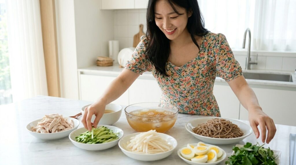테이블 위에서 신선한 채소 고명과 닭고기를 얹어 초계국수를 준비하는 모습