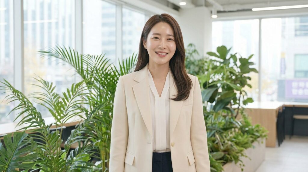 아슈와간다와 어댑토젠 섭취 및 규칙적인 생활 습관을 통해 숙면을 취하고 활기찬 미소를 짓는 직장인 여성