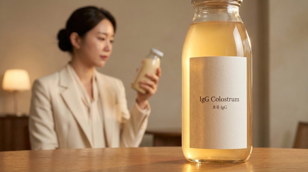 면역글로불린 IgG 성분이 풍부하게 함유된 맑고 투명한 유리병 속의 액상 소청 초유 단백질