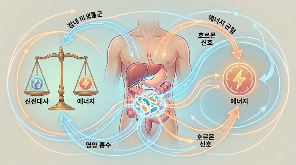 장내 미생물이 신진대사와 에너지 효율, 기력 회복에 미치는 영향을 표현한 인포그래픽