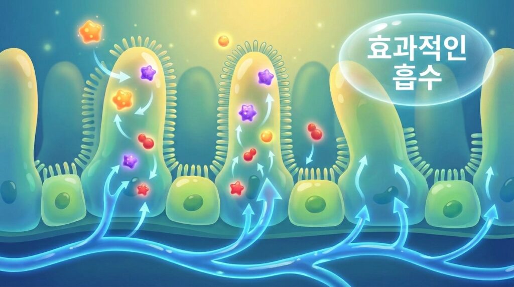 영양소를 흡수하는 장벽의 융털 구조와 소화 과정을 나타낸 일러스트
