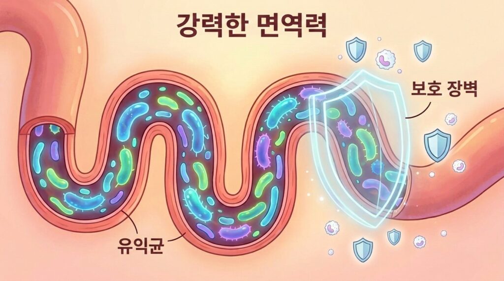 인체 장내 미생물과 마이크로바이옴 생태계를 시각화한 면역력 관련 일러스트