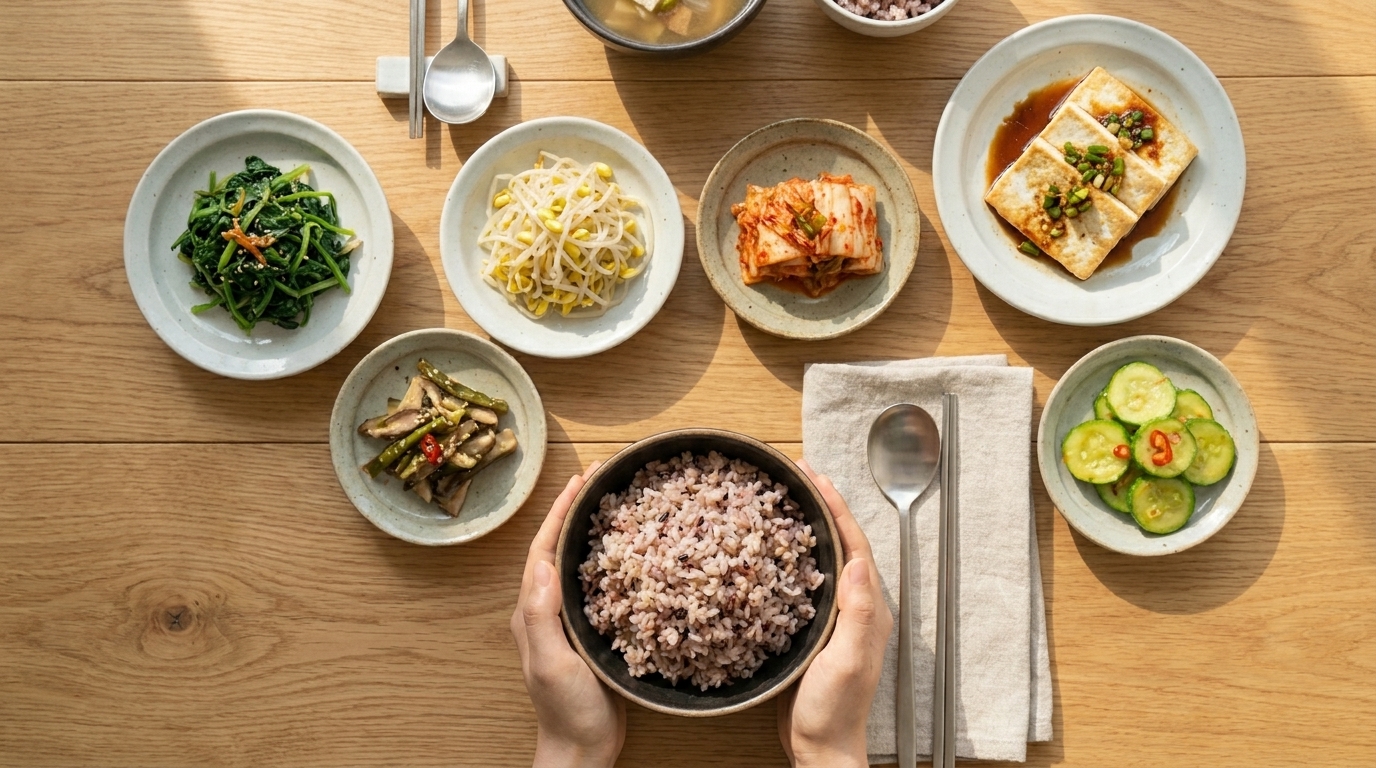 나무 식탁 위에 정갈하게 차려진 잡곡밥과 건강한 한국 전통 반찬들로 구성된 균형 잡힌 다이어트 식단