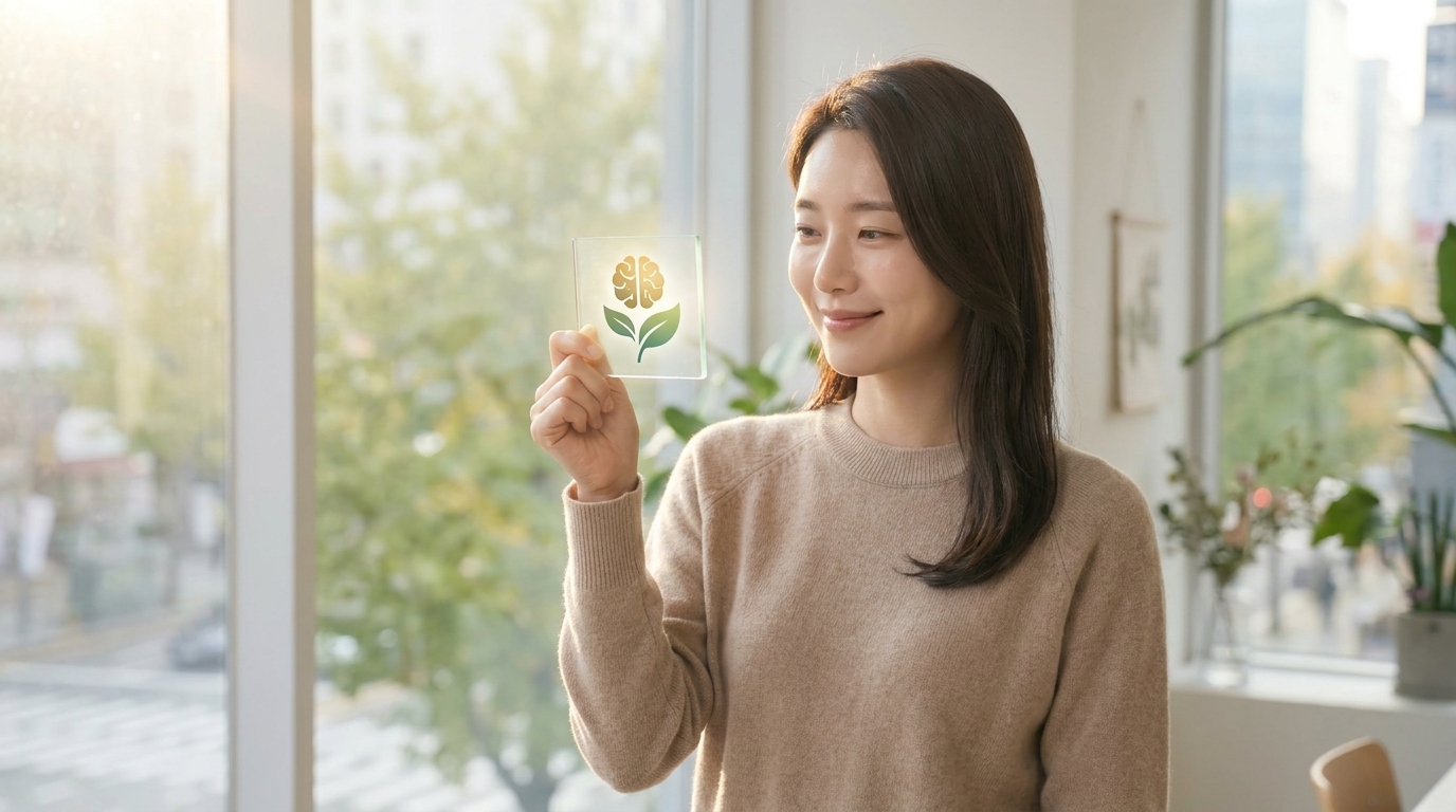 스트레스 호르몬 관리와 숙면 유도에 도움을 주는 아슈와간다 KSM-66 영양제를 들고 환하게 웃고 있는 한국인 여성 전문직