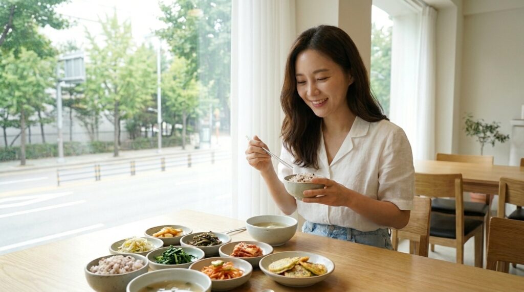 현미 잡곡밥과 신선한 제철 나물, 두부 등 혈당 조절에 도움을 주는 건강한 한국 전통 한식 밥상