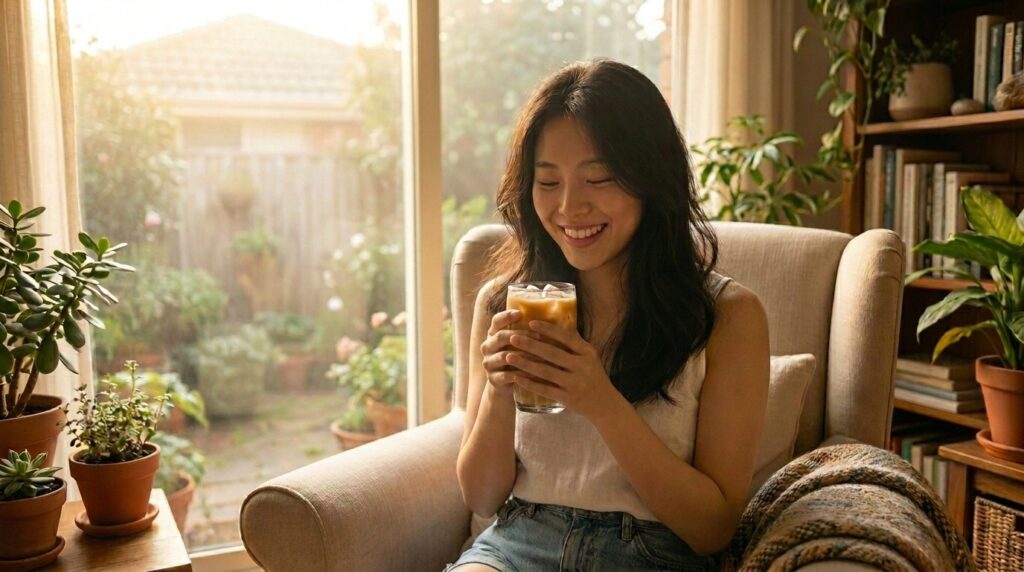 햇살이 드는 거실 소파에 앉아 미소를 지으며 따뜻한 음료가 담긴 유리잔을 들고 있는 한국인 여성의 모습