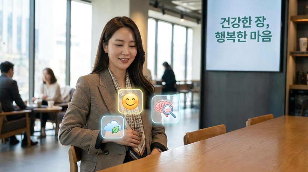 건강한 장 주위로 행복, 불안 등 다양한 감정 이모지가 표현된 장-뇌 축(Gut-Brain Axis) 일러스트