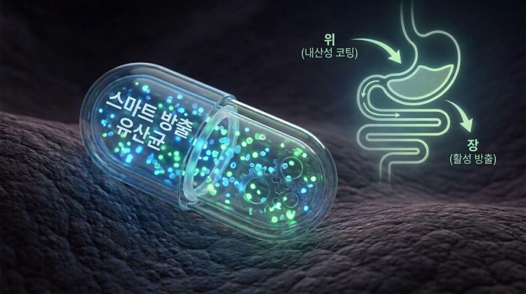 유산균 캡슐이 위산과 담즙을 무사히 통과하여 장까지 안전하게 도달하는 과정을 시각화한 일러스트