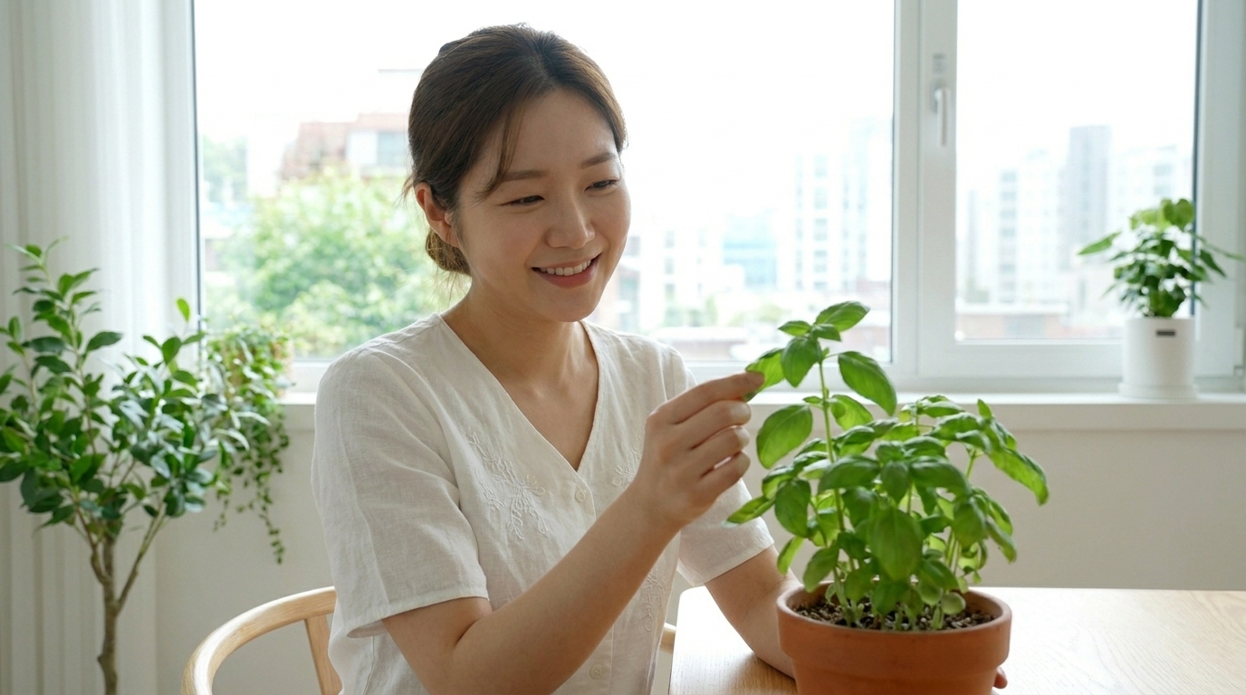 여름철 장 건강과 자연 친화적인 생활 습관을 상징하는 초록색 나뭇잎을 들고 있는 한국인 여성의 모습