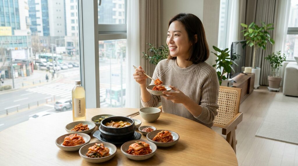 김치, 된장 등 한국 전통 발효식품과 유산균 영양제가 함께 차려진 건강한 식탁 풍경