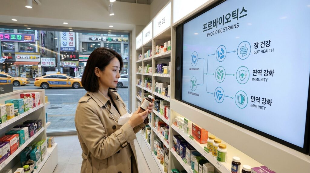 마트나 약국에서 자신에게 맞는 유산균 제품의 균주와 라벨을 꼼꼼히 비교하며 고르고 있는 여성의 모습