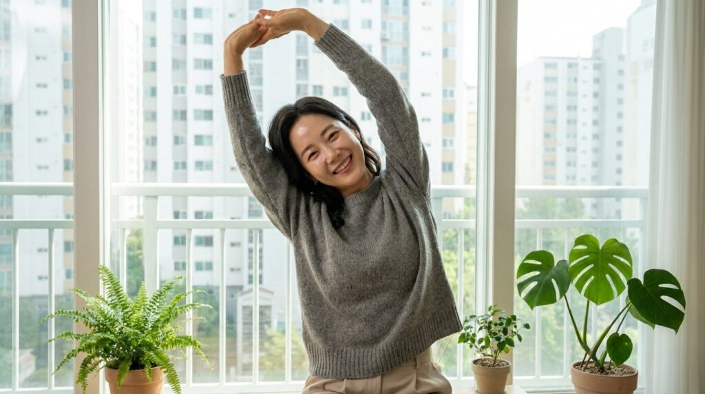 햇살이 들어오는 거실에서 건강한 혈당 관리를 위해 아침 스트레칭을 하며 가볍게 몸을 움직이는 여성