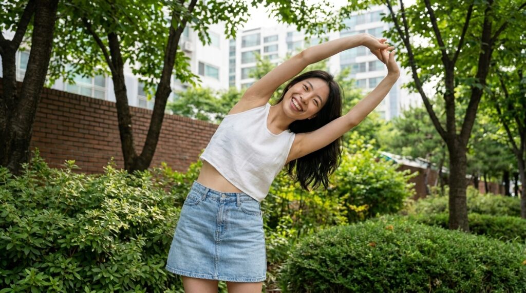 장 운동과 스트레스 해소를 위해 실내에서 편안한 자세로 스트레칭 요가 동작을 하고 있는 여성