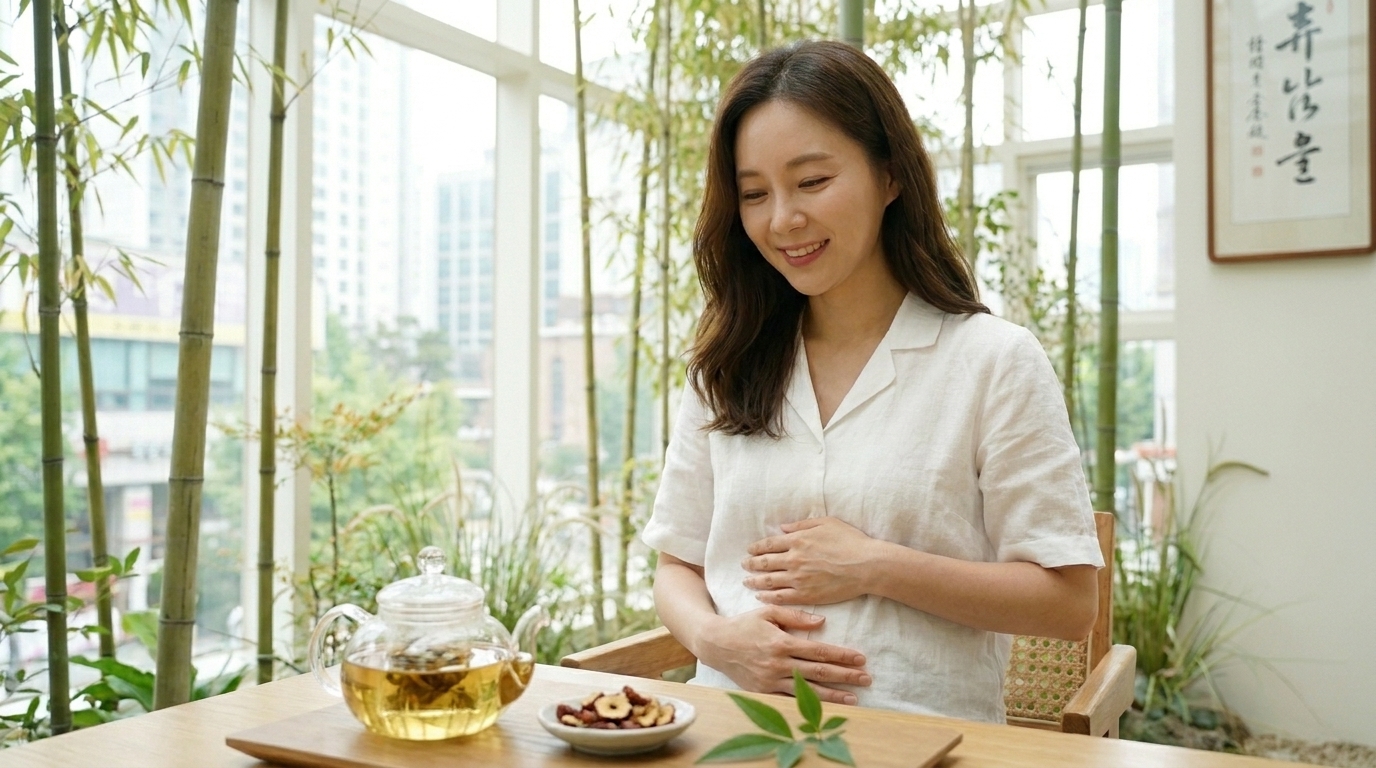 복부 건강과 인슐린 저항성 관리에 성공하여 가벼워진 배를 짚으며 환하게 웃고 있는 여성의 모습