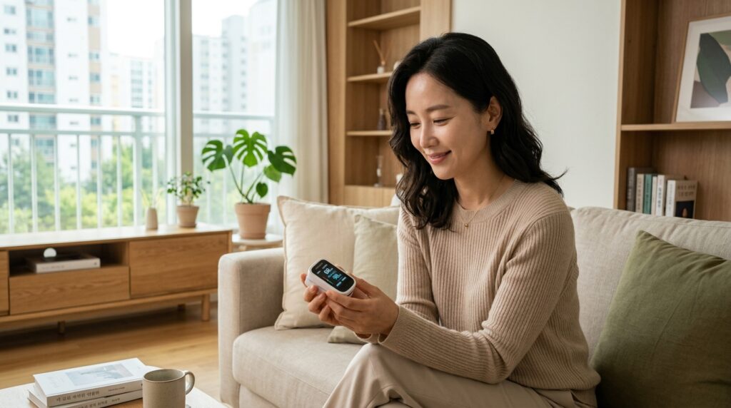 아침에 일어나 손가락에 채혈하여 디지털 혈당측정기로 공복 혈당 수치를 확인하고 있는 여성의 모습