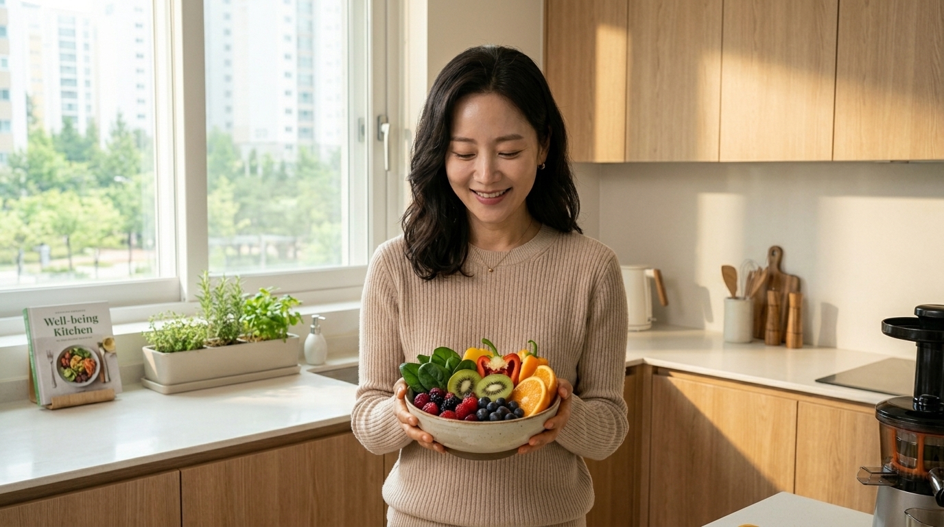 공복 혈당 관리에 도움이 되는 신선한 제철 과일과 채소를 품에 가득 안고 미소 짓고 있는 여성
