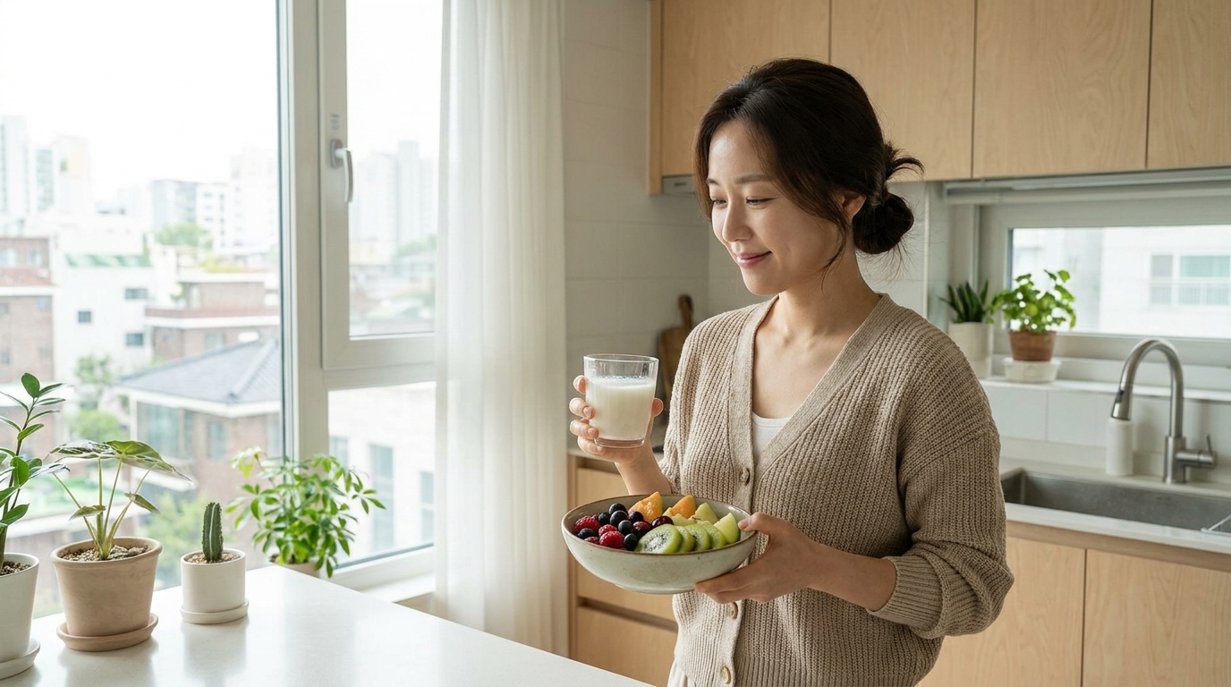 장 건강과 유익균 보충을 위해 프로바이오틱스 음료를 들고 있는 여성의 모습