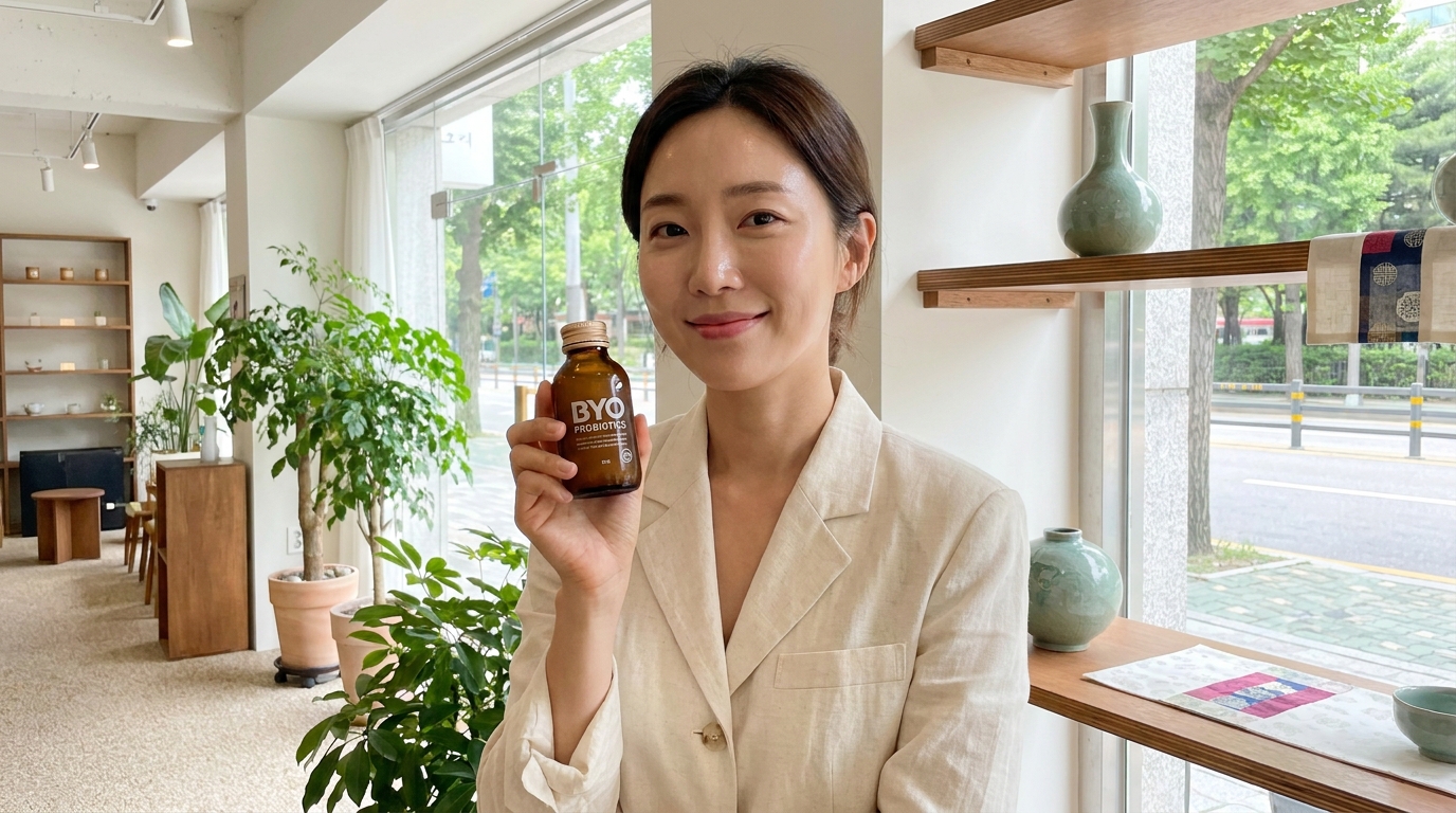 활력 넘치는 하루를 위해 건강한 유산균 영양제 제품을 손에 들고 추천하는 여성의 모습