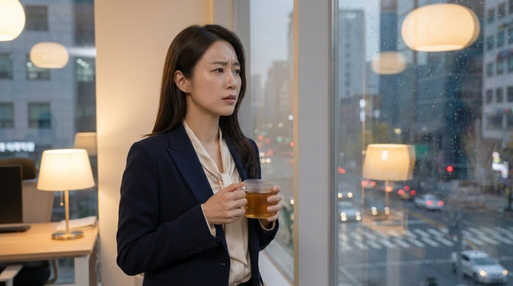 복잡한 도시 전경을 바라보며 일상 속 스트레스를 느끼고 있는 현대인 여성의 뒷모습