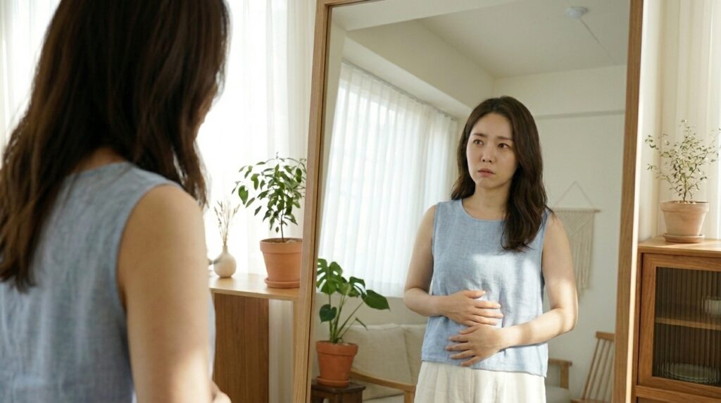 거울을 보며 몸무게는 그대로인데 아랫배만 볼록하게 나온 모습을 확인하고 고민하는 여성의 모습
