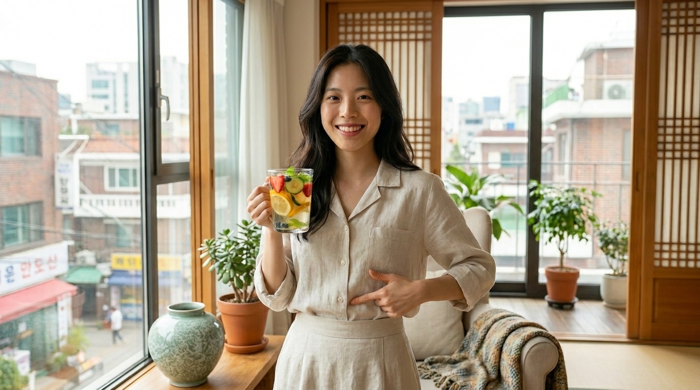 커피, 알코올, 탄산음료로 인한 장 건강 문제를 설명하기 위해 자신의 배(위장) 부위를 손가락으로 가리키고 있는 여성의 모습