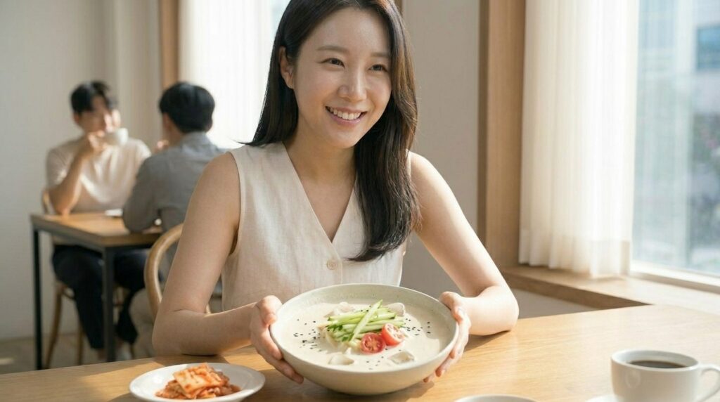 채 썬 오이, 삶은 달걀, 방울토마토 고명과 깨를 뿌려 먹음직스럽게 완성한 시원한 홈메이드 콩국수 한 그릇